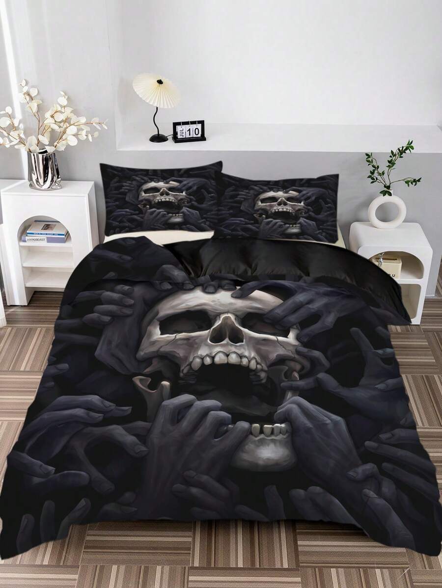 3pcs Skull Printed Comforter Cover Set (1 Comforter Cover + 2 Pillowcase), Soft Cozy Anime Bedding Set For Bedroom & Guest Room, Home Bedding (No Quilt)