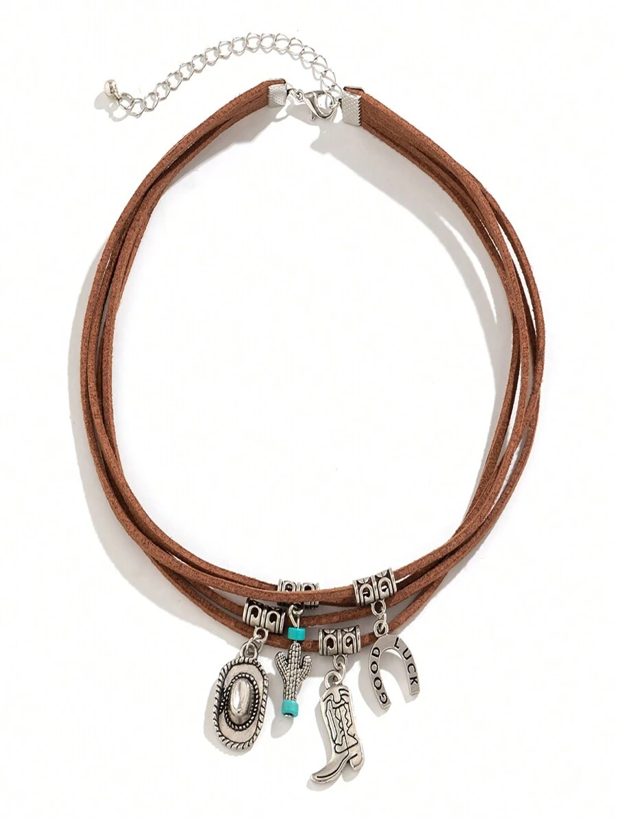 1pc Multilayer Western Cowboy Style Hat & Turquoise Pendant Necklace For Women, Vintage Flower Disk Design Necklace Jewelry Accessory