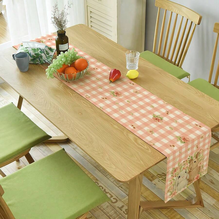 1 pièce Chemin de table en lin à motif de lapin de Pâques, fleur, rayure et carreau pour la décoration de table