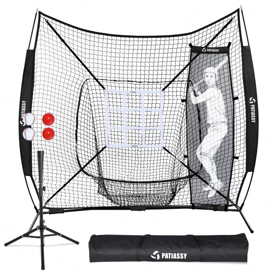 Patiassy 7 Ft X 7 Ft Baseball Softball Hitting Pitching Practice Net With Batting Tee And Batter Portable Baseball Net With 2 Weighted Baseballs, 2 Baseballs, Carry Bag And Strike Zone