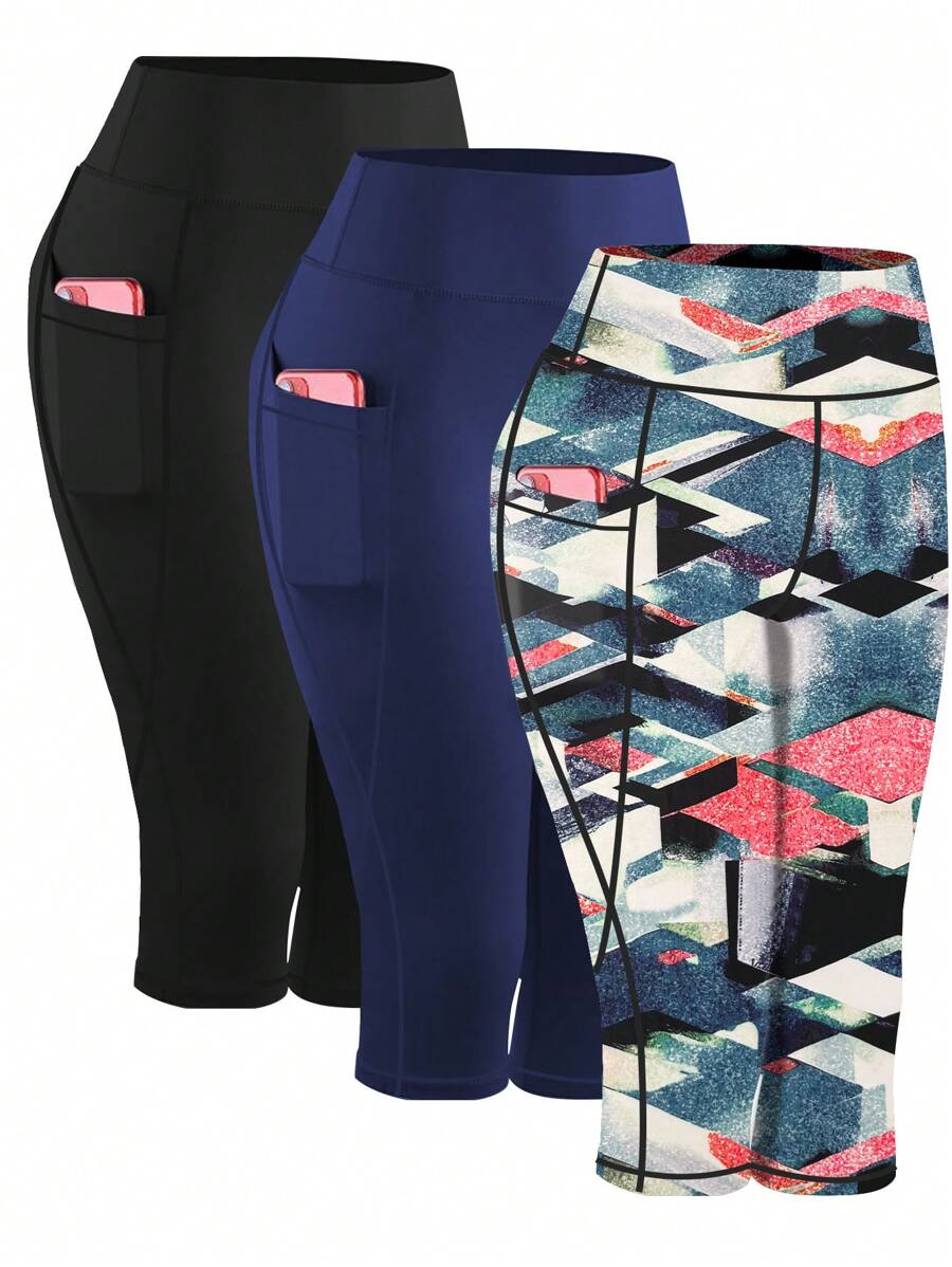 3pcs/Set Plus Size Pocket Printed Yoga Pants, High Waist Fitted Slimming Workout Leggings Capri Pants