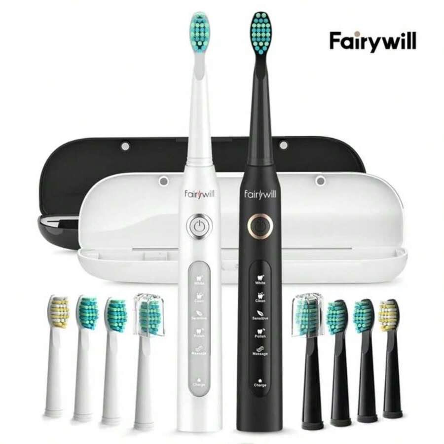 Fairywill 2 Packs Electric Toothbrush For Adult, Dual Sonic Toothbrushs Kit With 2 Travel Case 5 Modes Rechargeable Smart Timer IPX7 Waterproof, Black And White