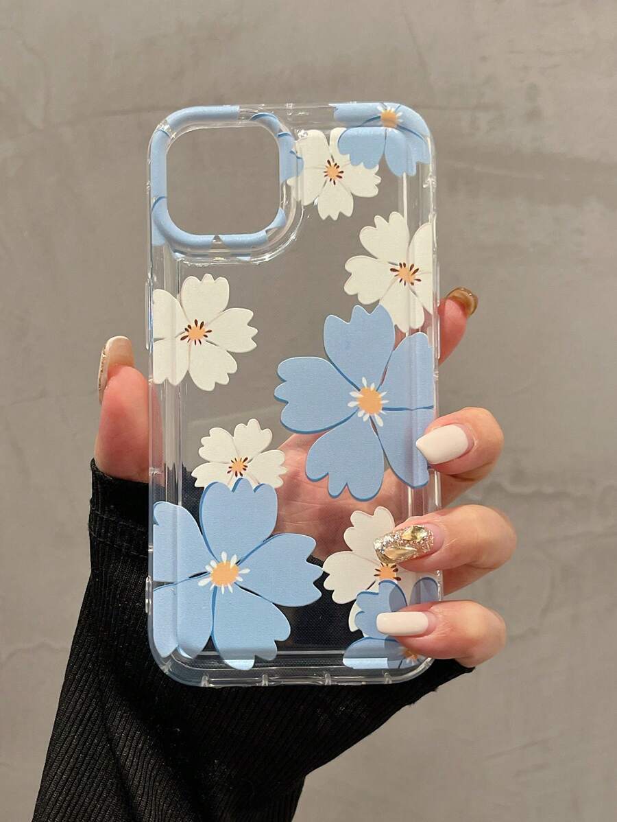 Daisy 1pc Thick TPU Shockproof Phone Case With Large Transparent Blue Flower Pattern, Compatible With IPhone 16, 15, 14, 13, 12, 11 Pro Max And Series