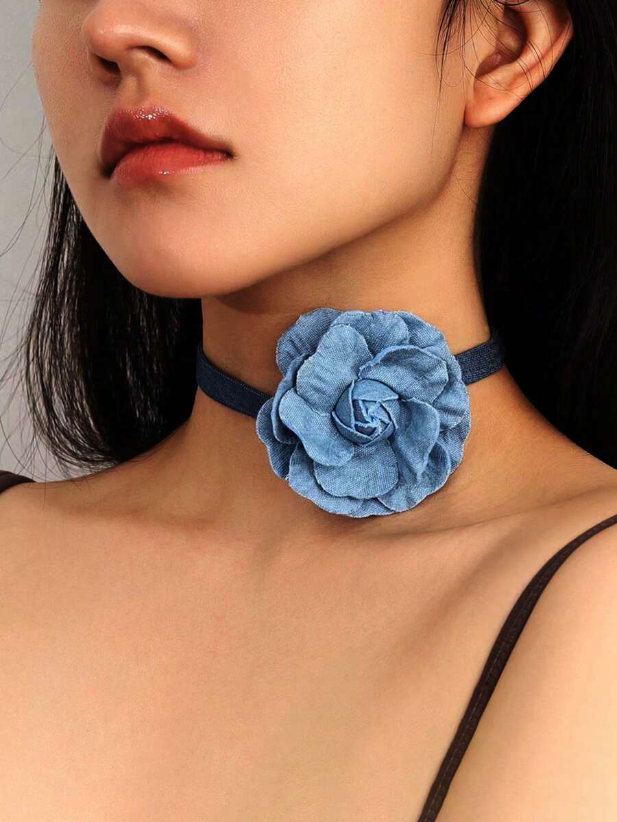 1 Peça Vintage Colar Gargantilha Corrente Clavícula com Flor de Rosa 3D de Denim