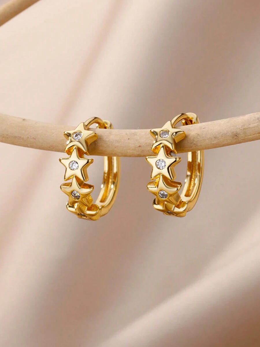 1Pair Minimalist Double Texture Pentagram Star Stud Earrings For Women Girls 18K Gold Plated Stainless Steel Earrings Jewelry Decoration