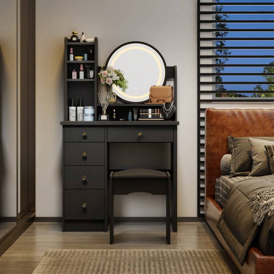 Vanity Desk Set With LED Lighted Round Mirror, Makeup Dressing Table With 5 Drawers, Storage Shelves & Cushioned Stool For Bedroom (Black)