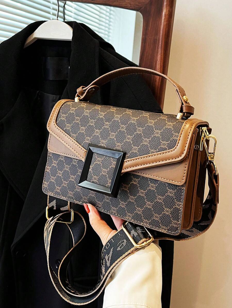 Bolso Cuadrado A Cuadros Mini Con Diseño De Doble Capa, Regalo Para Mujer Con Correa Cruzada Y Asa De Mano, Fabricado Con Piel Sintética, Elegante Y Versátil Para Su Uso Diario.