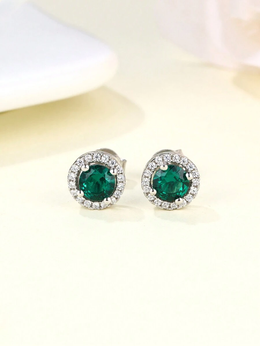 2pcs Simple & Luxurious 925 Sterling Silver & Cubic Zirconia Round Stud Earrings, Perfect For Women's Daily Wear Or Valentine's Day Gift