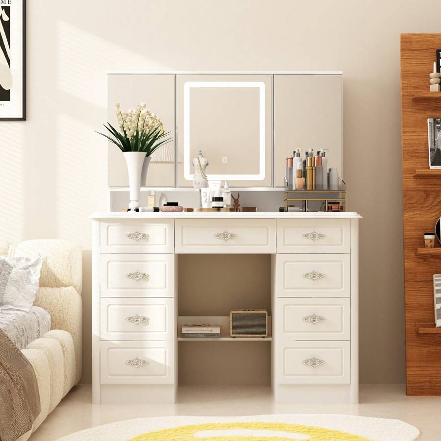 Modern Makeup Vanity Desk With Lighted Mirror, Vanity Table Dressing Table With 9 Drawers, Hidden Shelves & Foldable Mirror, 3 Color Lighting Modes, Brightness Adjustable
