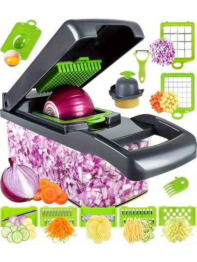 16pcs Vegetable Chopper, Multifunctional Fruit Slicer, Manual Food Grater, Household & Outdoor Camping Vegetable Slicer With Container, Onion Chopper, Potato Shredder, Kitchen Gadget, Manual Food Processor With Interchangeable Blades