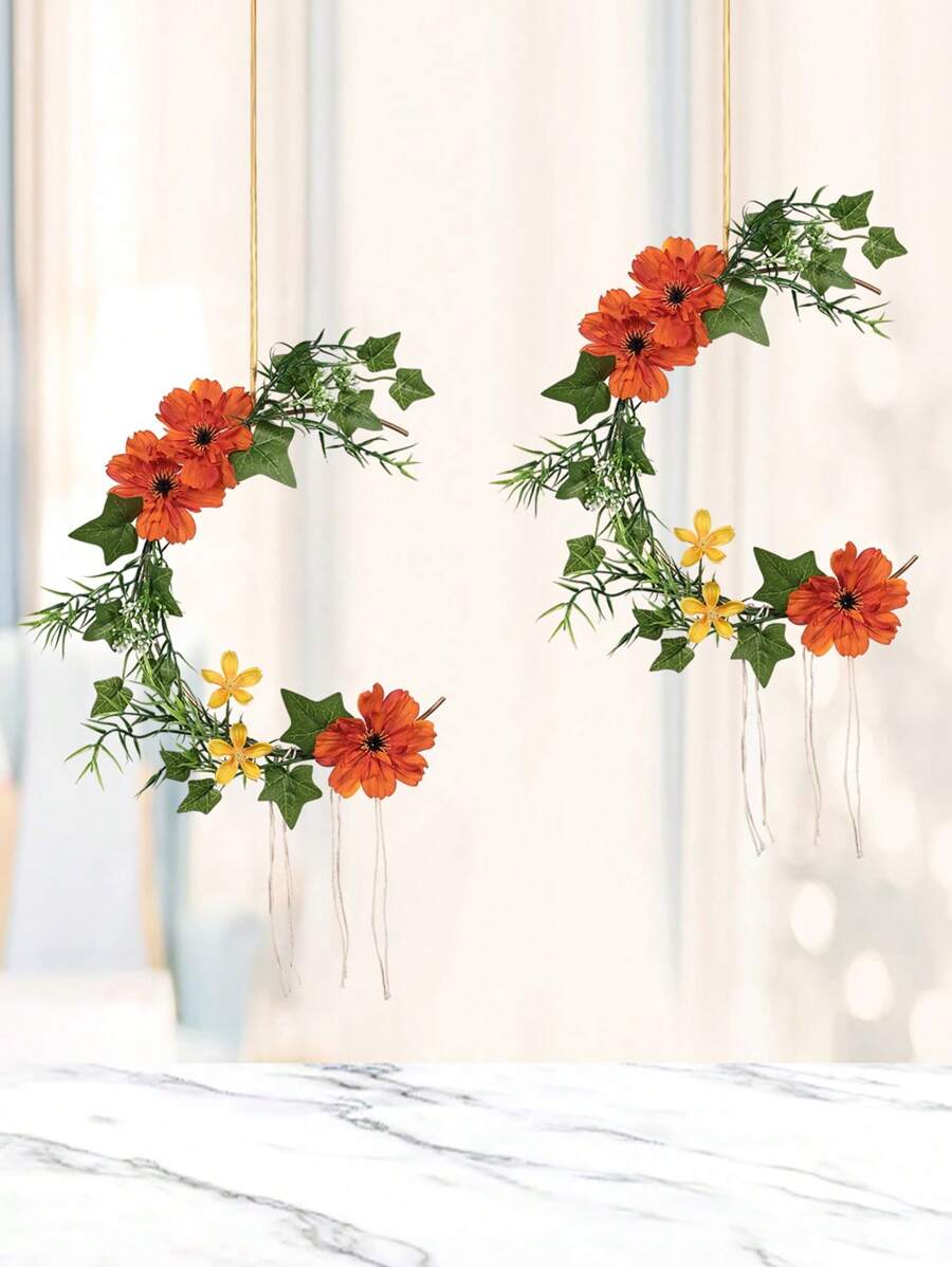 1 pieza Flor artificial de cosmos, decoración colgante con hoja de batata y media luna - para colgar en el hogar, habitación, ventana, entrada de hostales