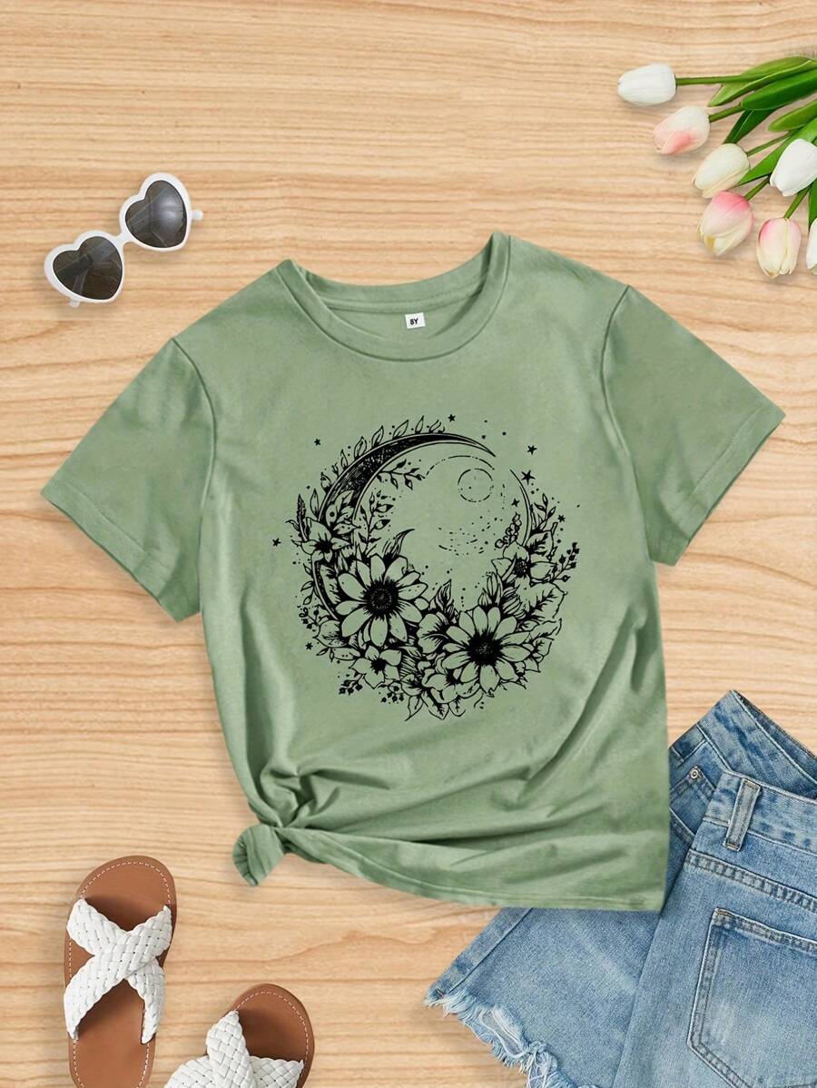 Tween Girl Flower Moon Graphic Shirt Short Sleeve Tops For Spring AndSummer, Holiday, Party, Sports