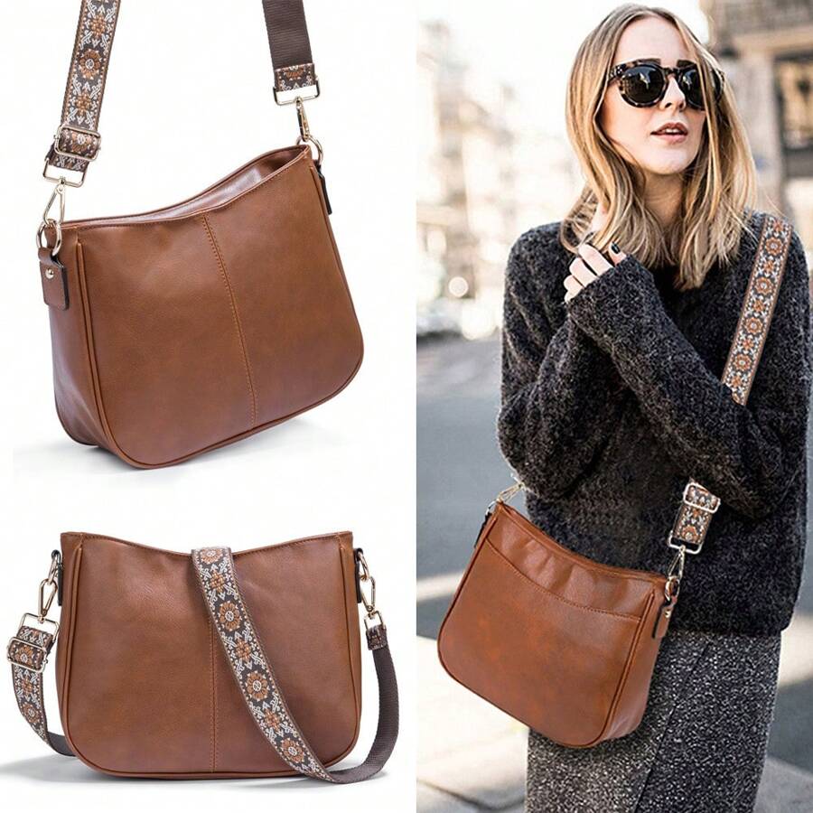 Bolso tipo cubo de estilo vintage para mujeres, bolso de hombro cruzado, bolso tipo hobo de piel vegana con correa de guitarra y correa de bolso ancha bordada para mujeres - Perfecto para bolsos bandolera, bolsas de gimnasio, bolsos y talla grande, bolso con inspiración retro