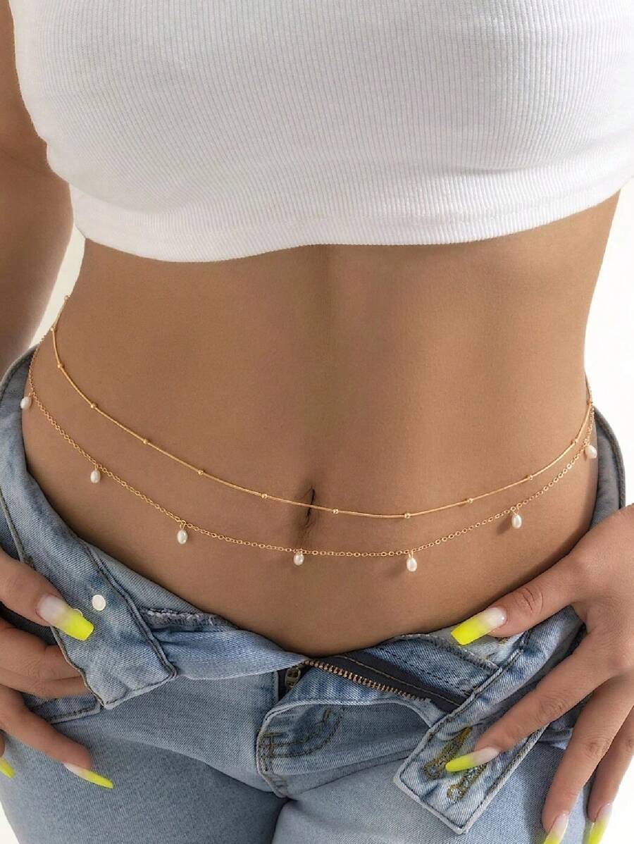 Set de 2 cadenas de cintura con colgante de perlas falsas hechas a mano, longitud ajustable