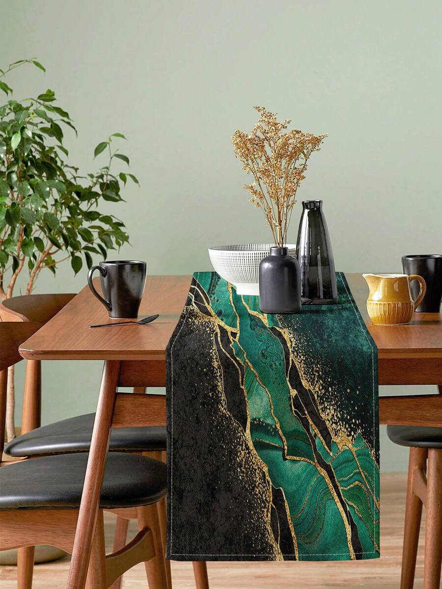 1 Stück Pfau grüner Marmor mit Goldfolie Collage-Muster Leinentischdecke, geeignet für Küchen- und Esszimmer-Tischdekoration, Schuh- und Aufbewahrungsschrankabdeckung, All-Season Universal Tischläufer