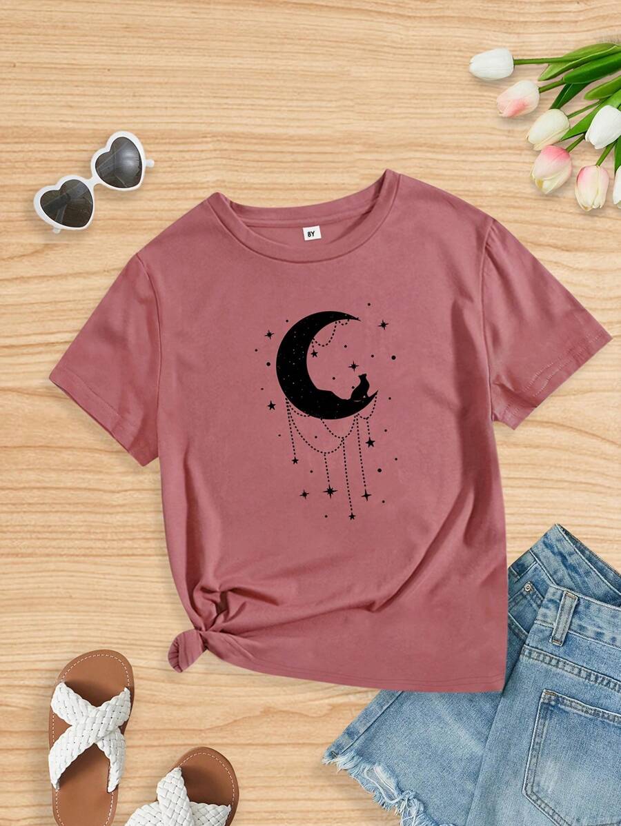 Tween Girl Cartoon Moon & Cat Graphic T-Shirt Casual Short Sleeve Tees Crew Neck Comfort Fit For Daily Outfit Leisure Kids Summer Tops Clothes