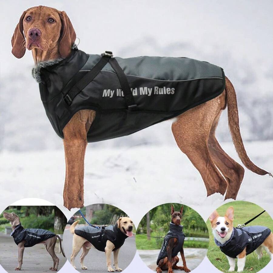 Winter Warm Waterproof Pet Jacket With Thickened Reflective Dog Coat & Detachable Harness Chest & Back Piece, Windproof Fur Collar For Medium And Large Dogs In Cold Weather And Outdoor Activities