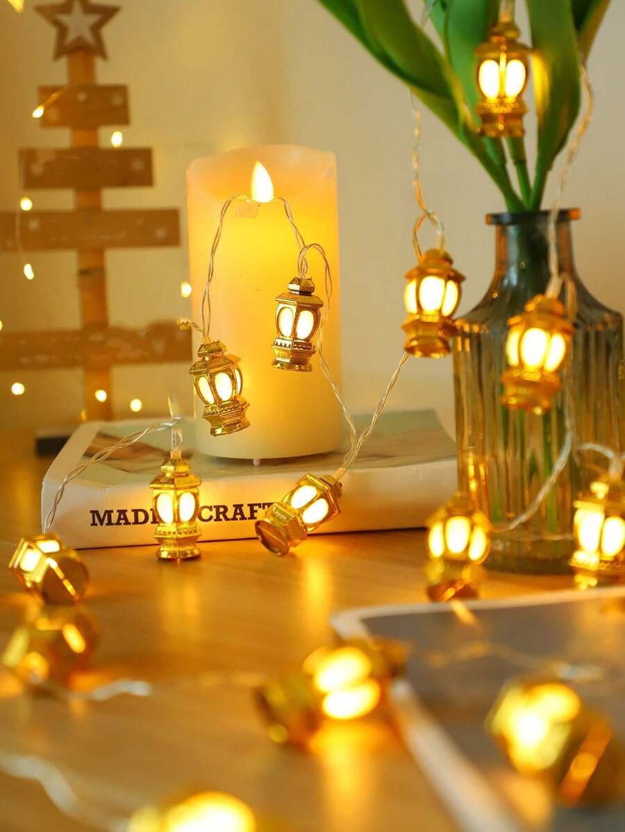 1 pièce Guirlande lumineuse dorée pour décoration domestique de 1,5 m/3 m. Lampe à huile décorative d'intérieur à piles, sous forme de lanternes, pour la décoration de la chambre, du mur, des mariages, des fêtes d'anniversaire, des tables à manger