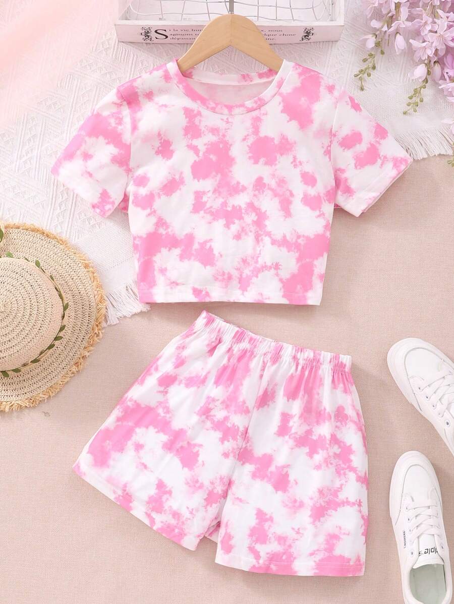 Tween Girl Tie-Dye Round Neck Short Sleeve Top And Shorts Set