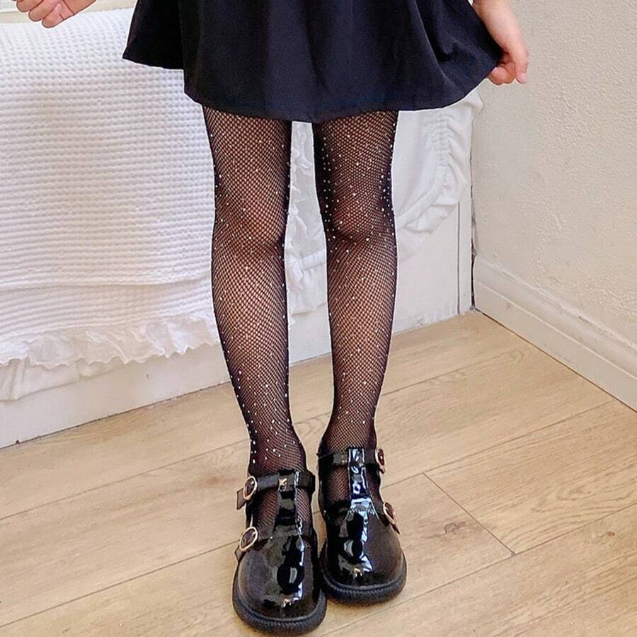 1pair European And American Style Big Kid Sparkling Rhinestone Fishnet Socks, Fashion Diamond Band Hollow Out Colorful Children's Stockings