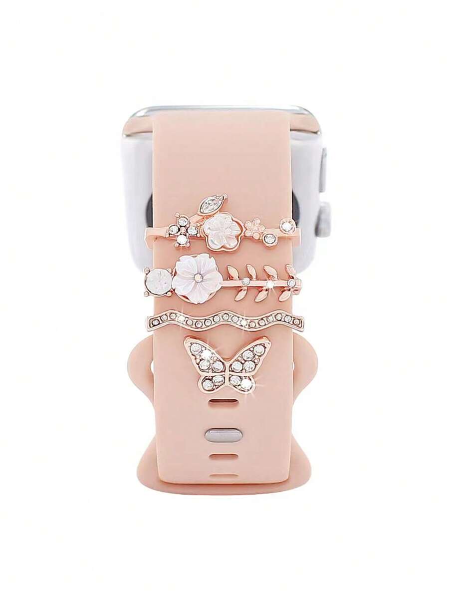 4 Stück Dekorative Ringe Für Uhrenarmbänder, Plattiert Mit Blumen- Und Schmetterlingsdesign, Kompatibel Mit Apple/samsung/huawei-uhrenarmbändern (uhr Und Armband Nicht Im Lieferumfang Enthalten).