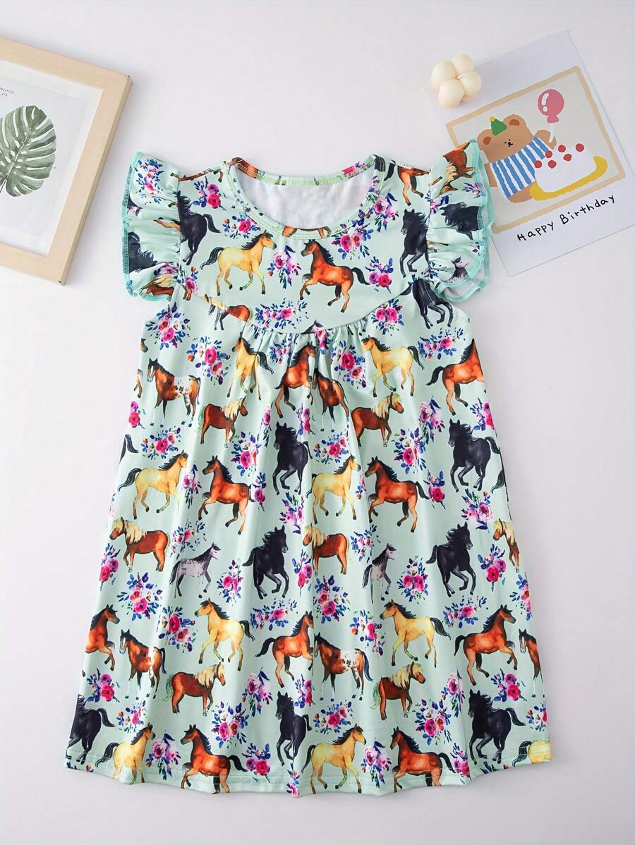 Young Girl Adorable Pony Graphic Flutter Sleeve Dress Summer Clothes Gift