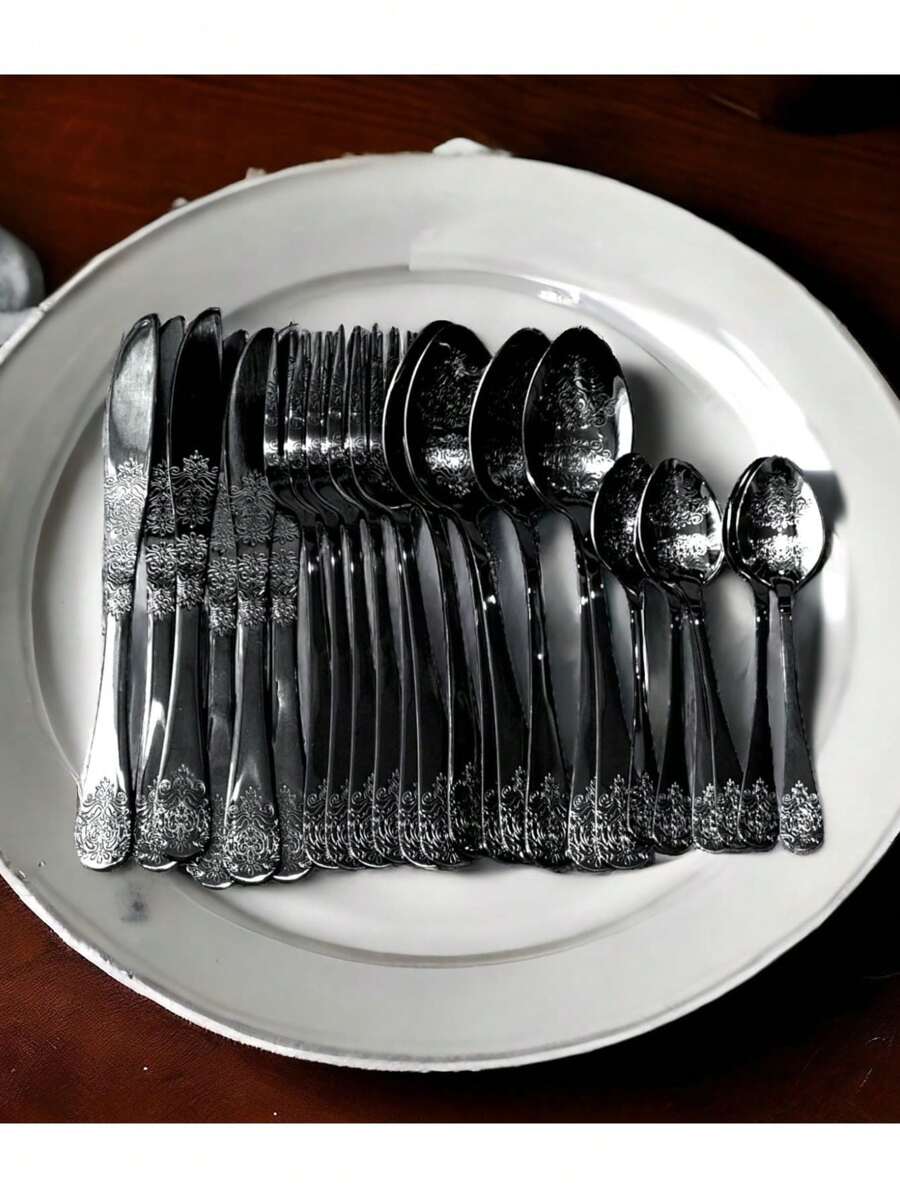 Faqueiro Luxo 24 Peças Inox Preto Colher Faca Garfo