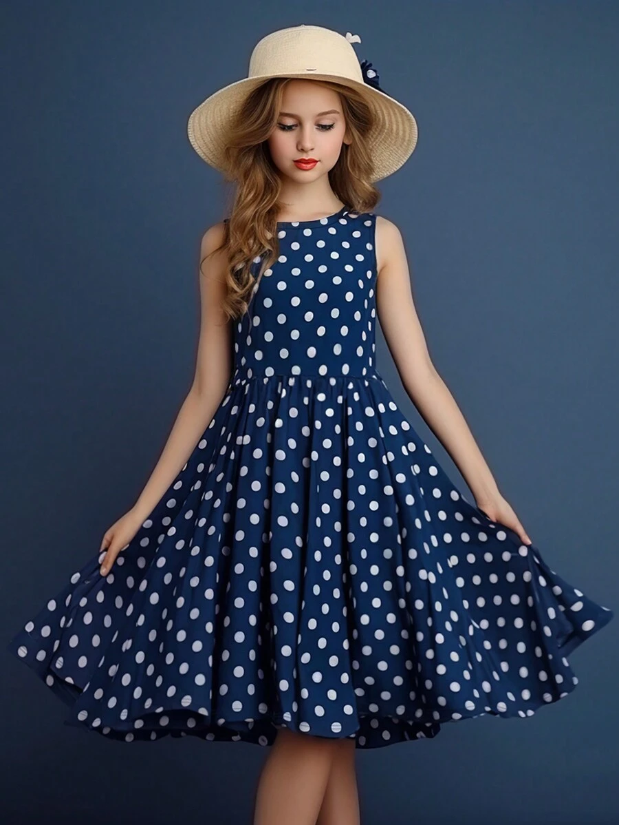 Tween Girl Spring/Summer Polka Dot Print Sleeveless Casual Dress With Round Neck