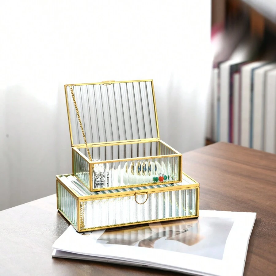 Metallic Edging Striped Flower Shaped Glass Jewelry Box Storage Organizer Home Decor Back To School