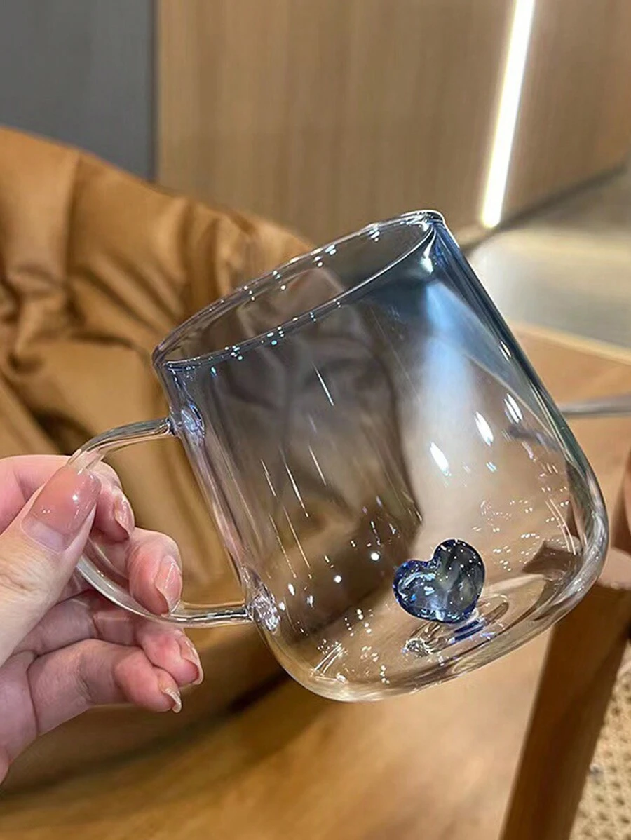 1 pieza Taza de vidrio con asa y diseño en forma de corazón, de una sola capa con degradado, creativa, resistente al calor, para jugo o bebidas de moda