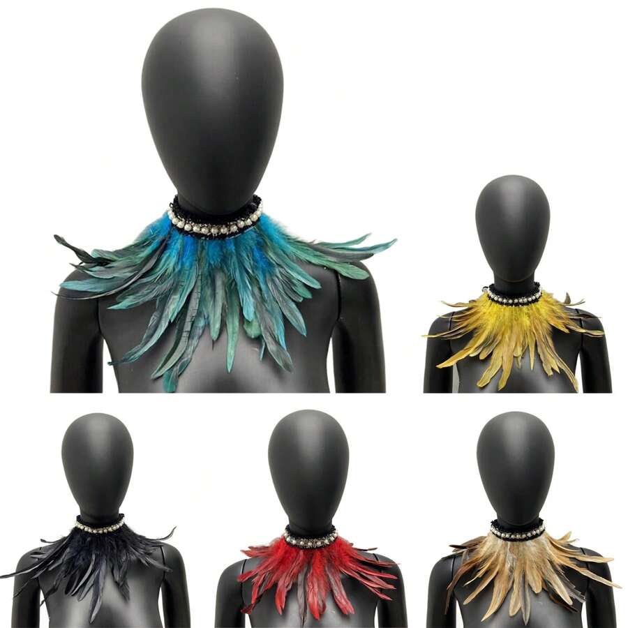 1 pieza Gargantilla de estilo gótico con adorno de perlas y plumas, accesorio elegante y de moda para carnaval, fiesta, baile, disfraz de fantasía, opción de multicolor para Halloween