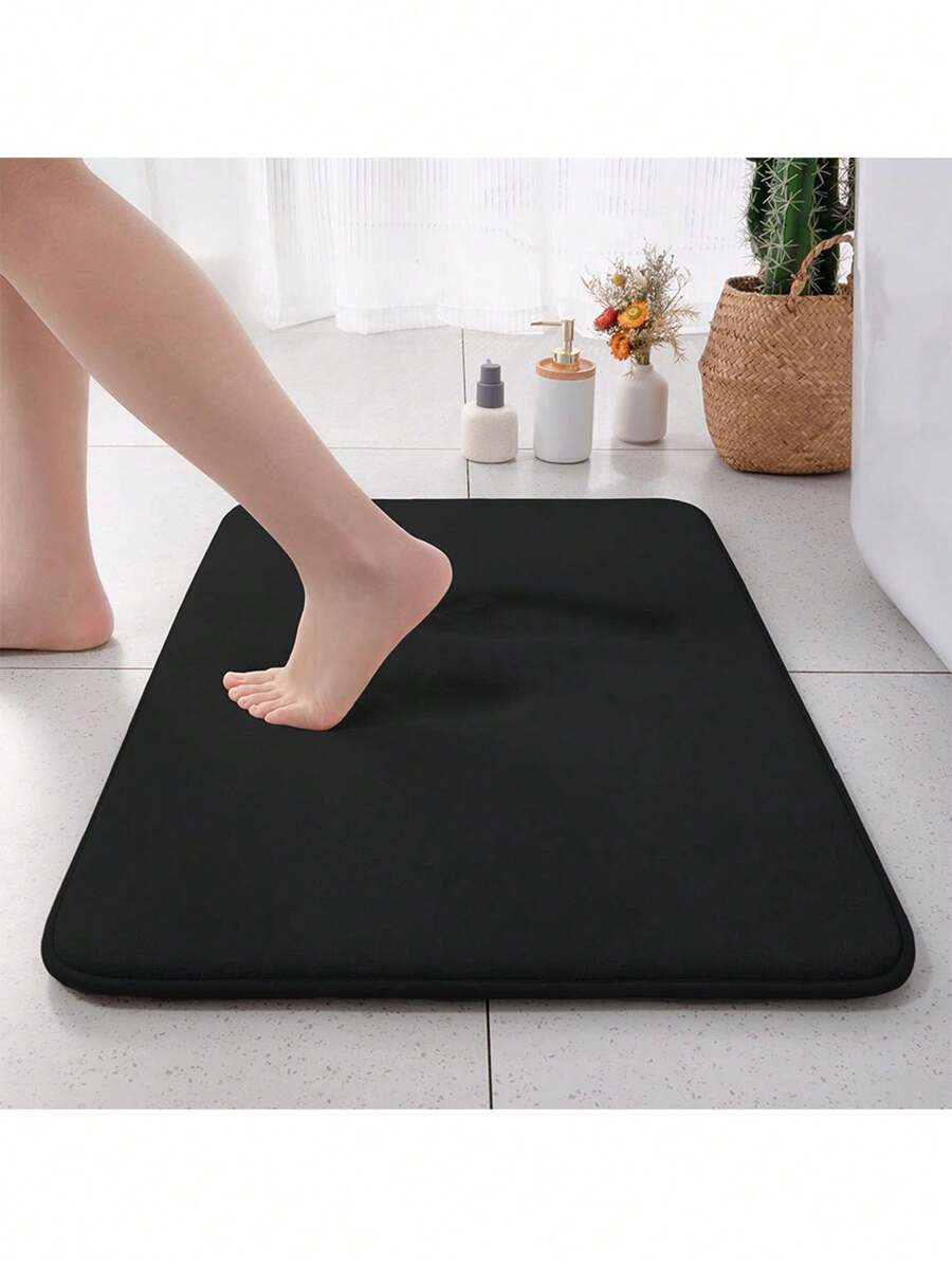 1pc Solid Color Non-Slip Bath Rug, Black Polyester Memory Foam Floor Mat For Household Home Bathroom Decor Floor Carpet Summer Bathroom Accessories
