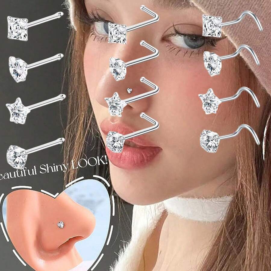 4pcs Mini Nose Rings, Star, Heart, Round, Square Shapes Embedded With White Zirconia, Simple & Elegant Design, Non-Magnetic, Suitable For Nose Bone And Septum Piercing, Multi-Purpose Accessories Suitable For Daily, Party Wear And Valentine's Day Gift, All Season