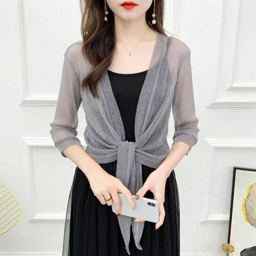 1Pc Glitter Tie Up Open Front Shrug Ladies Shawl Cropped Beach Summer Sun Protection Clothing Air-Conditioning Shirt