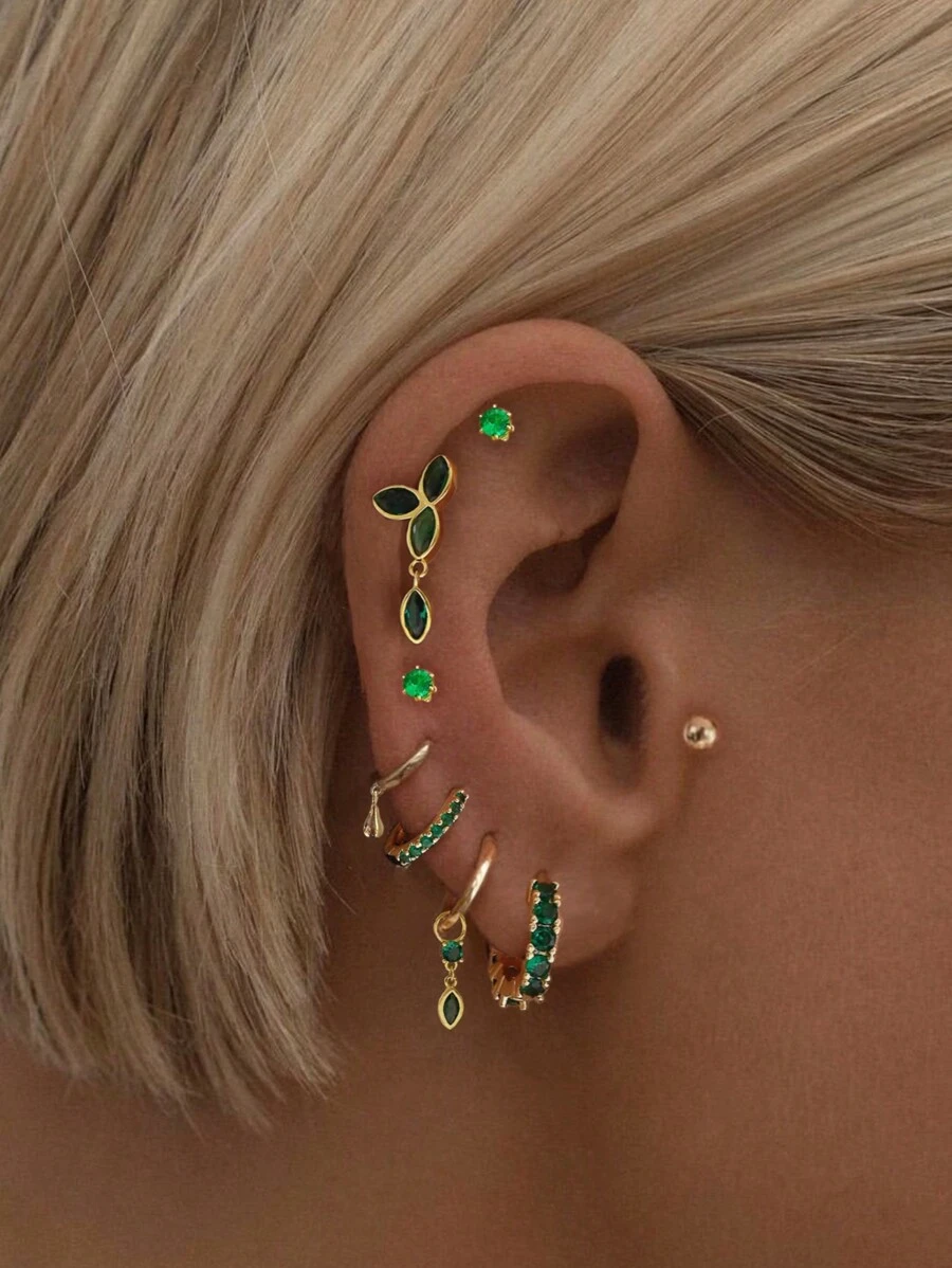 Ensemble De 8 Boucles D'oreilles Clou En Pierre Naturelle Et Zirconie De Couleur Vert Fabuleux Pour Femmes, Adapté À Une Utilisation Quotidienne, Rendez-vous, Fête Et Travail
