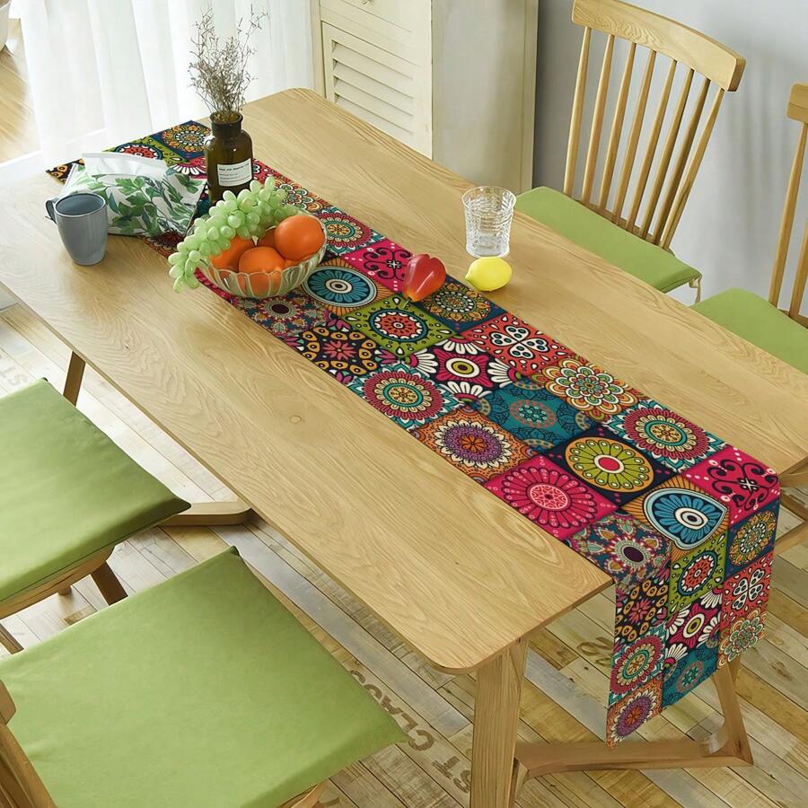 1 pièce Chemin de table en lin à imprimé Mandala bohème rétro pour décoration
