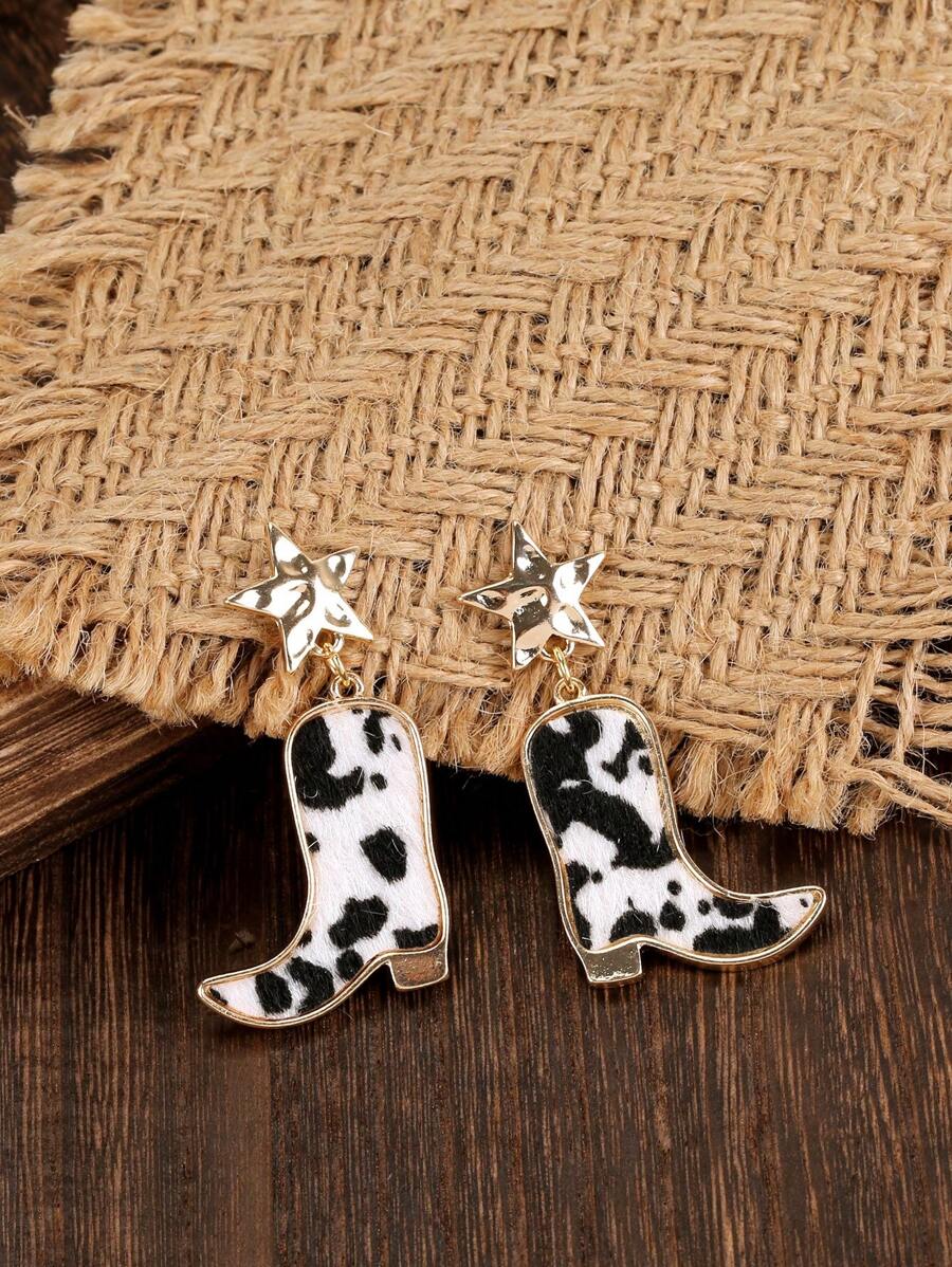 1pair Creative & Unique Western Cowboy Style Cow & Leopard Print Boot Shaped Earrings With Retro & Fashionable Design
