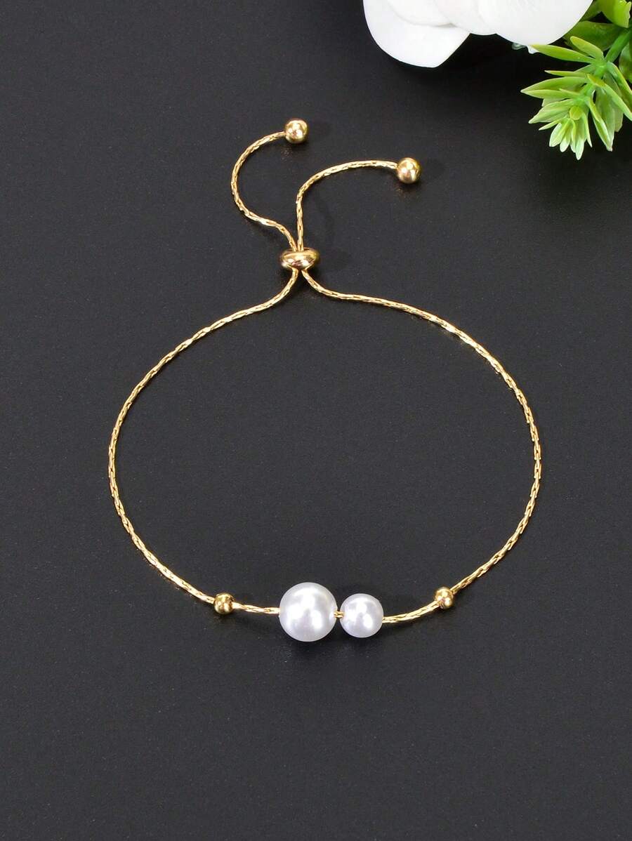 1pc Elegant Faux Pearl Decor Gold Chain Adjustable Bracelet For Women Party Daily Jewelry