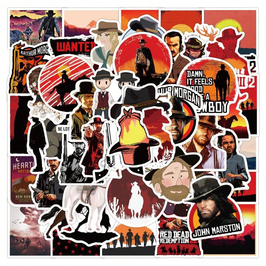 50 piezas Pegatinas de dibujos animados lindos de Red Dead Redemption en colores aleatorios para decorar vidrio/taza/portátil/funda de teléfono/maleta/refrigerador/computadora/cuaderno/escritorio, pegatinas impermeables y autoadhesivas para manualidades, scrapbooking y DIY