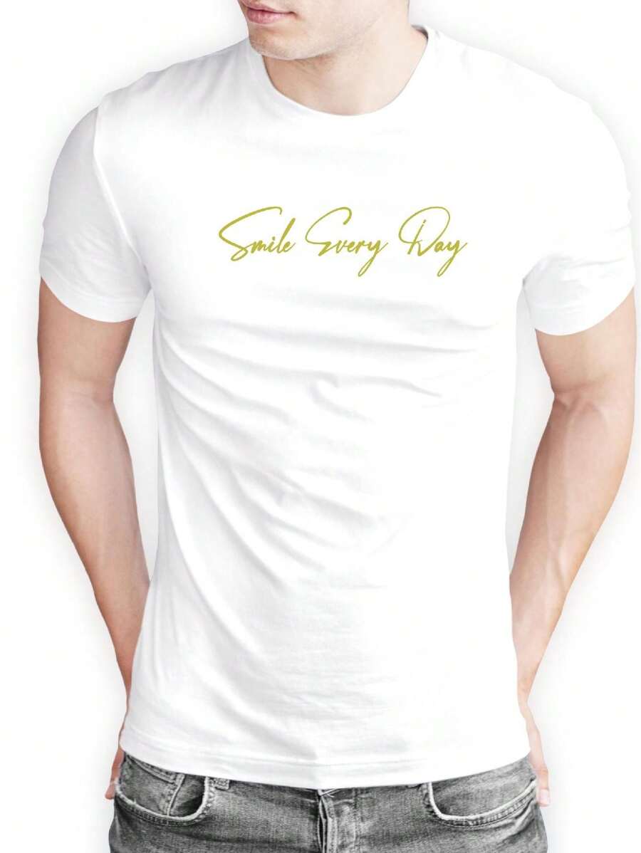 Camiseta "Smile Every Day" 100% Algodão Camisa Branca Unissex Sorria Todos os Dias Lançamento Estampa Dourada
