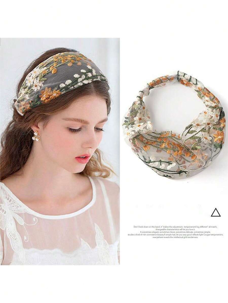 1pc Fashionable Embroidery Hair Scarf For Women, Wide Edge Lace Hairband For Covering Up White Hair, Headwrap Hair Accessories Boho Headband Turban Headband Sweatband