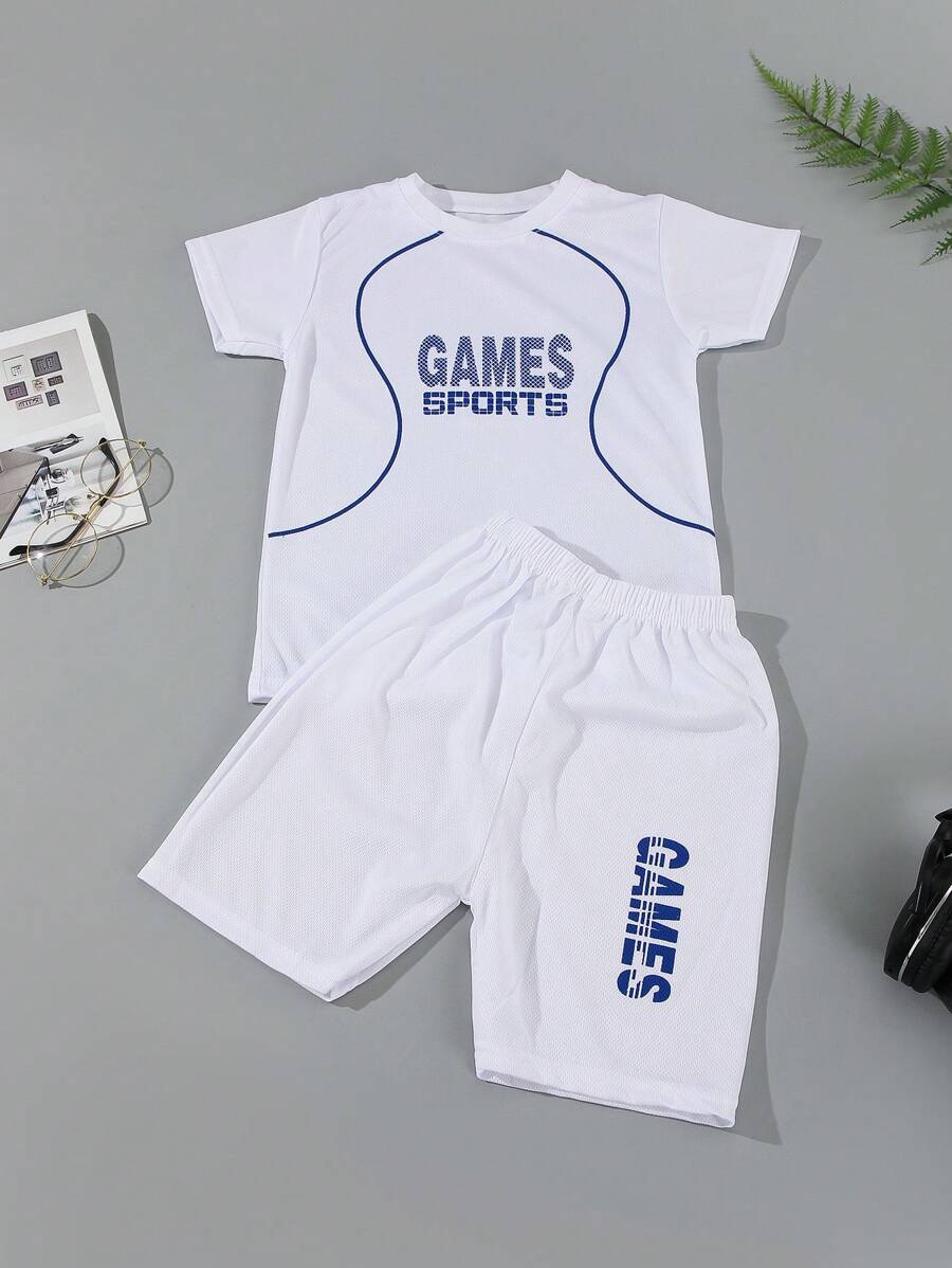 2pcs Young Boys' Casual Sports Suit With Letter Print Short Sleeve Top And Shorts, Quick-Dry, Summer