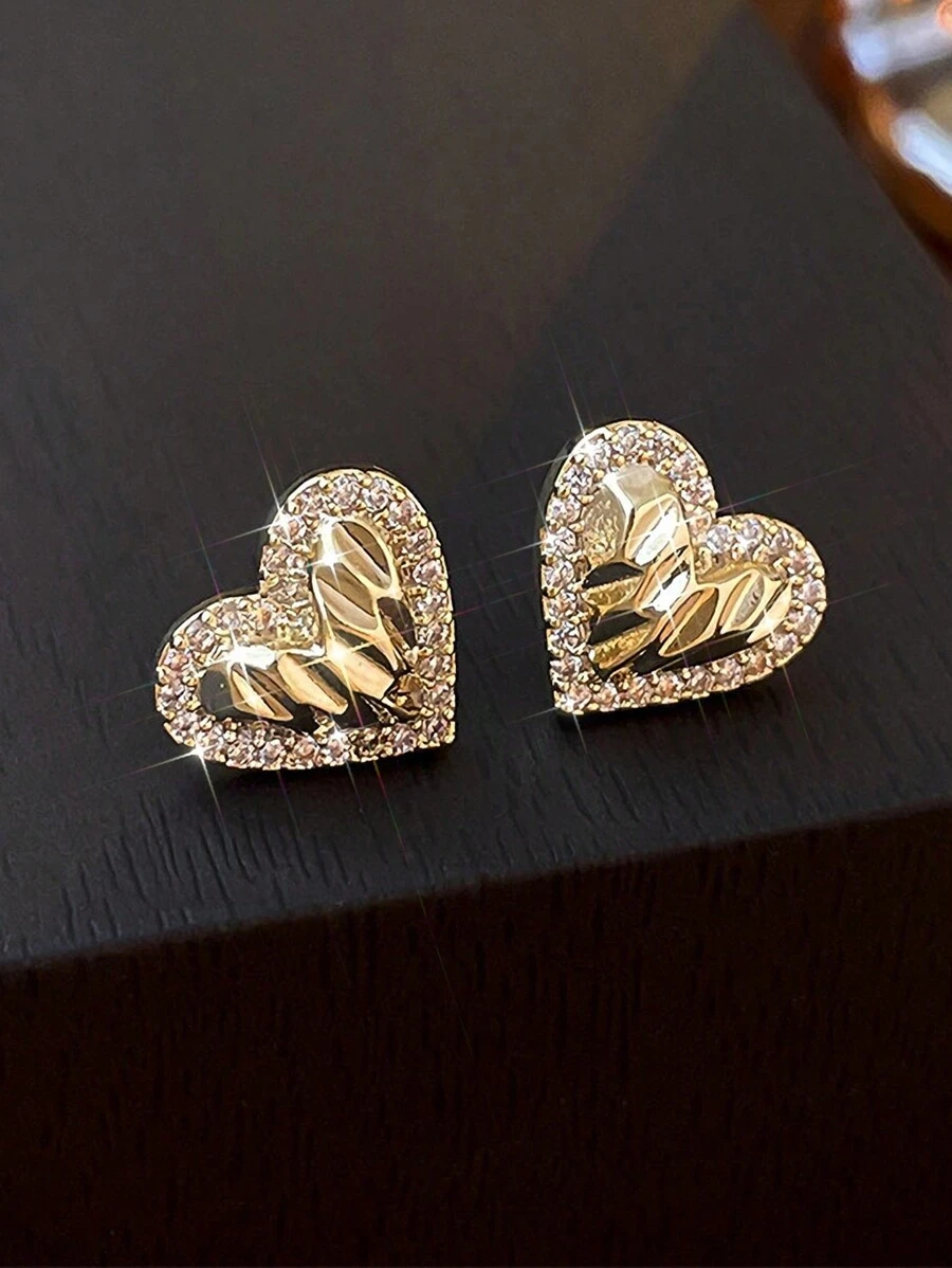 Fashionable Heart Shaped Stud Earrings With Folds And Full Of Rhinestones, Suitable For Festive Parties, Weddings, And Valentine's Day Exclusive Gift Valentines,Mom,Mother,Mother's Day,Gift