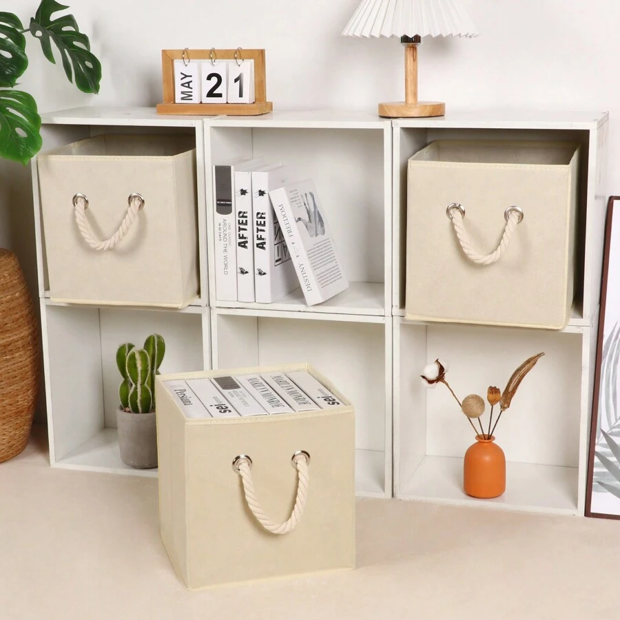 1pc 11 Inch Milky White Cube Storage Bins, Fabric Cube Organizer Box Single Sided Rope Handle,Foldable Cube Storage Baskets For Shelf, Closet Organizers And Storage Box, Bedroom Dorm Accessories, Home Organization And Storage Supplies