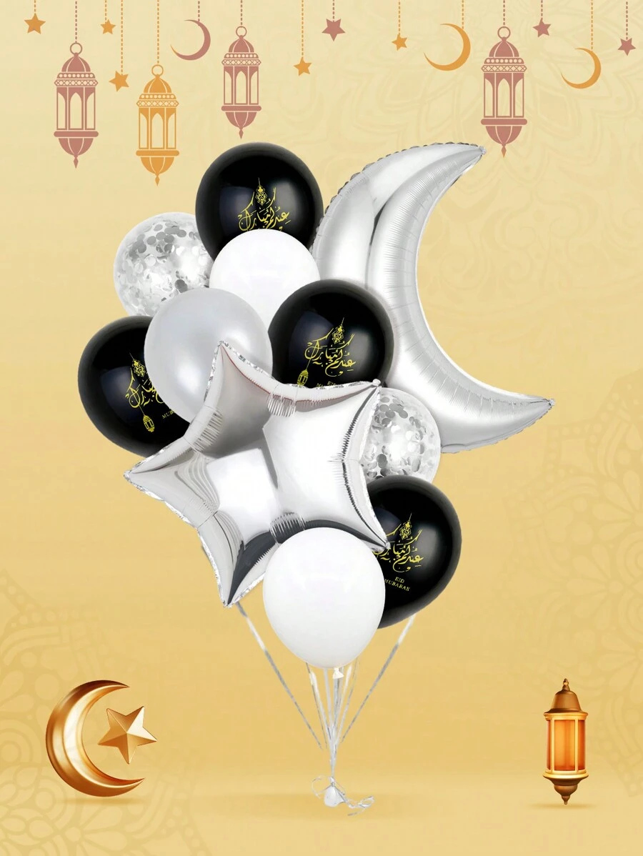 11 piezas de globos de aluminio plateado con forma de luna creciente y estrellas y globos con confeti de colores variados, perfectos para decoración del hogar en Al-Fitr y Ramadán, decoración de Ramadán, Eid Mubarak