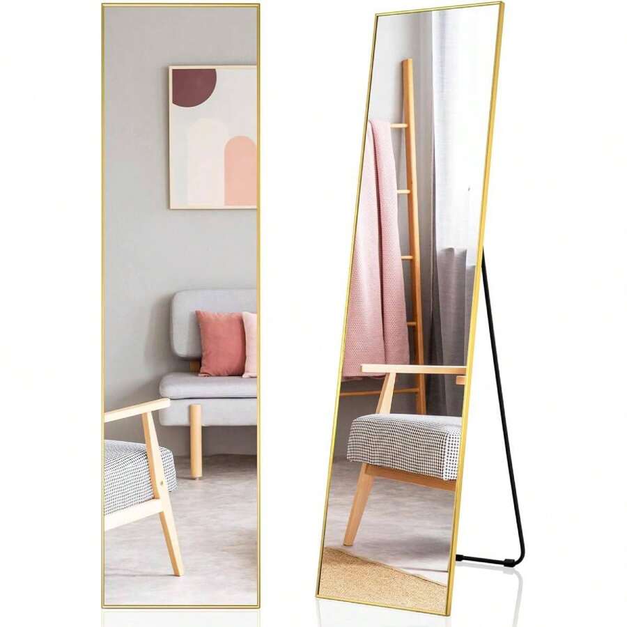 Wandspiegel, 160x40cm grote spiegel met metalen frame, antislipmat, staande spiegel voor slaapkamer, entree en kledingwinkel (goud)