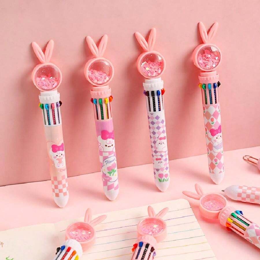 1pc Easter Gifts For Children Random Design Kawaii Cartoon Sequin Rabbit Ballpoint Pen 10 Colors Pen Cute Bunny School Office Stationery Multicolor Ball Point Pen,Back To School