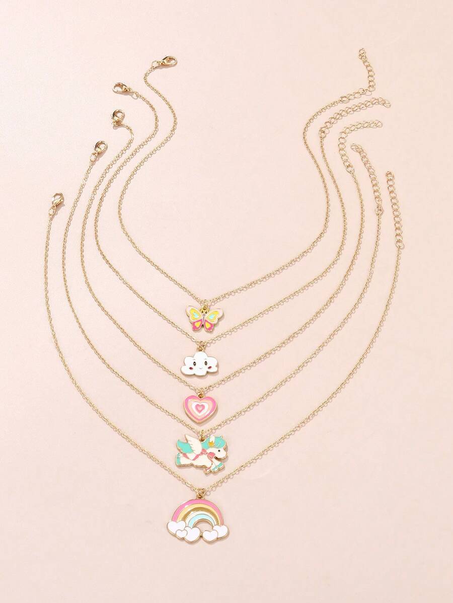 5pcs Girls' Rainbow Heart & Cloud Shaped Metallic Pendant Necklace Set With Oil Drip Effect