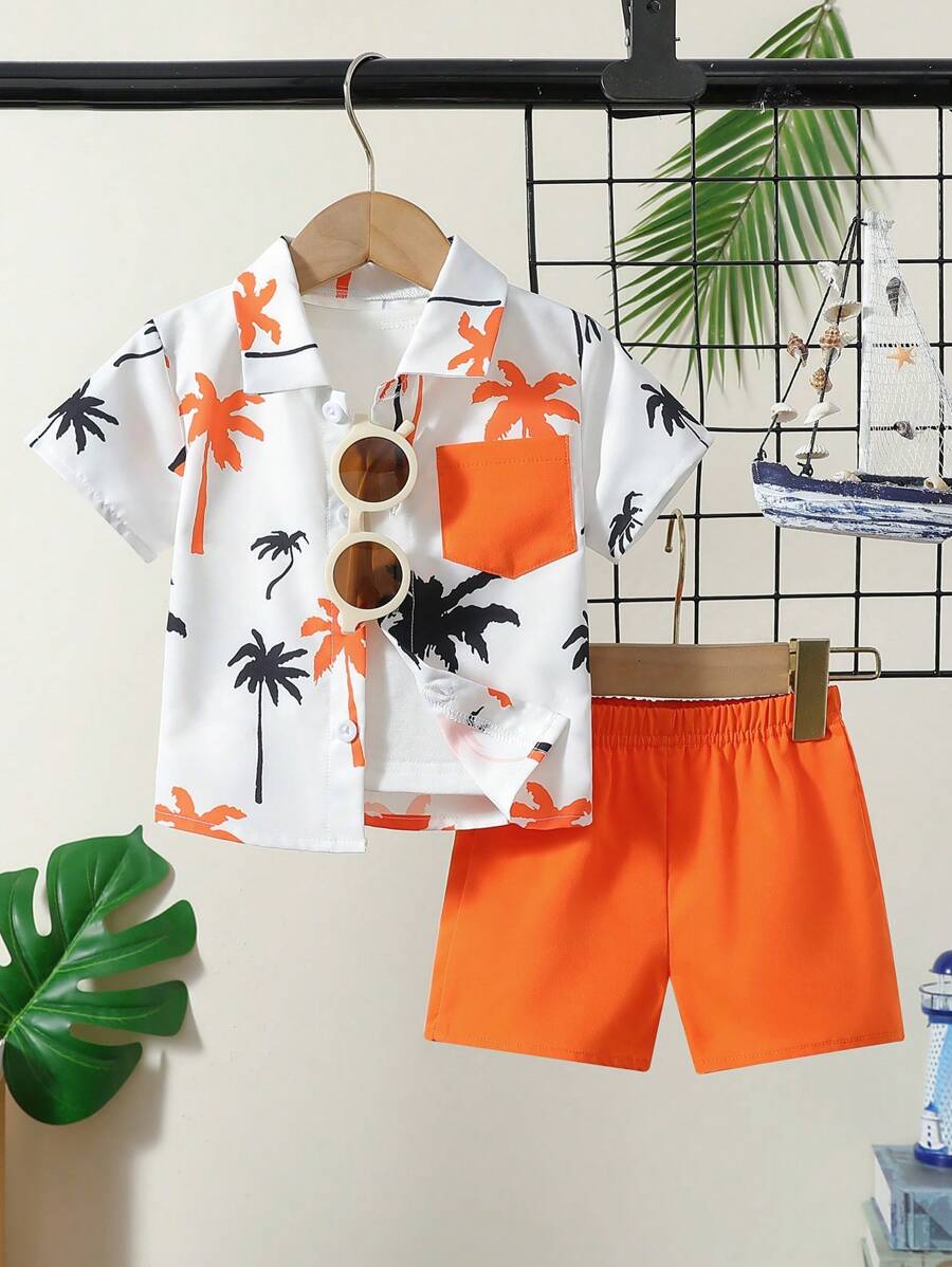 Baby Boys' Casual Coconut Tree Print Short Sleeve Shirt And Shorts Set, Suitable For Vacation In Summer