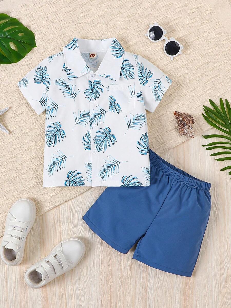 2pcs Young Boy Casual Coconut Tree Print Lapel Short Sleeve Shirt And Shorts Set, Summer
